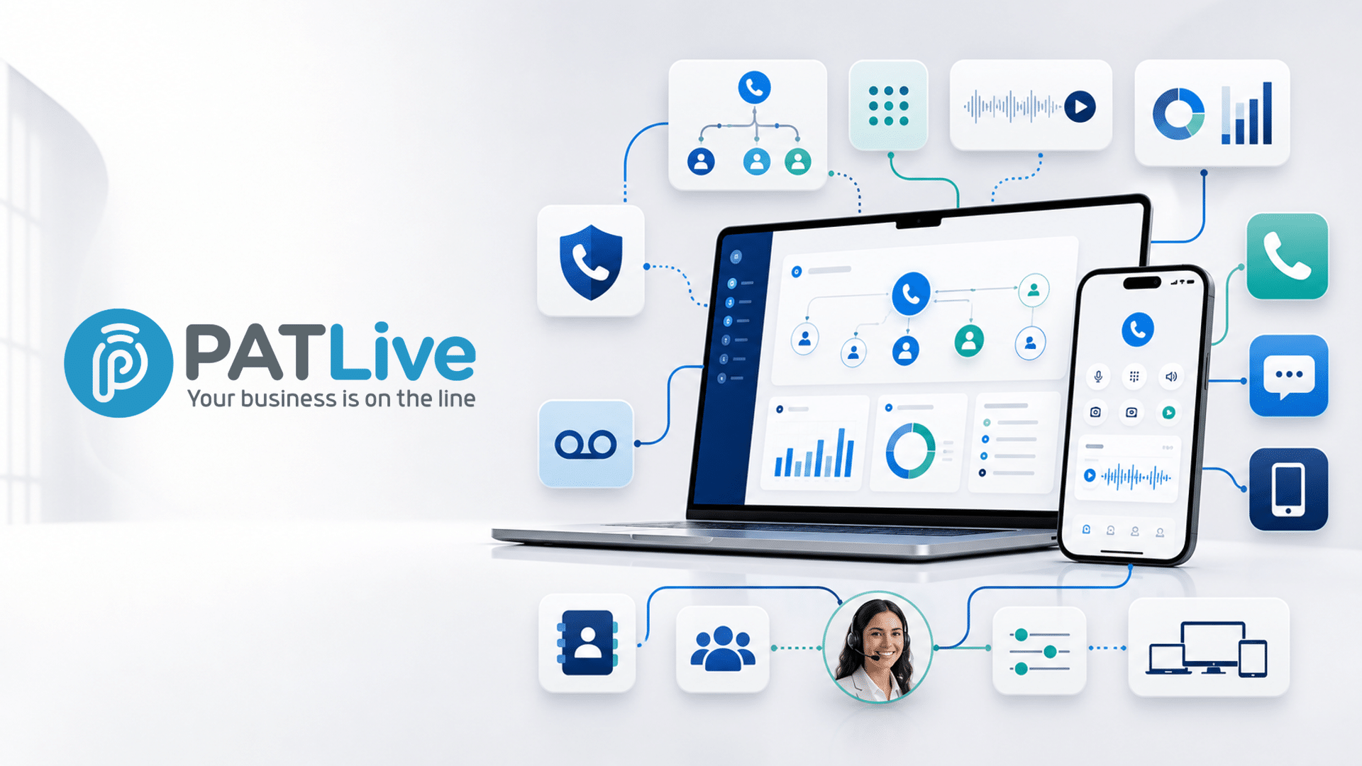 PATLive Flex communications platform displayed across laptop and mobile devices with connected call management features.